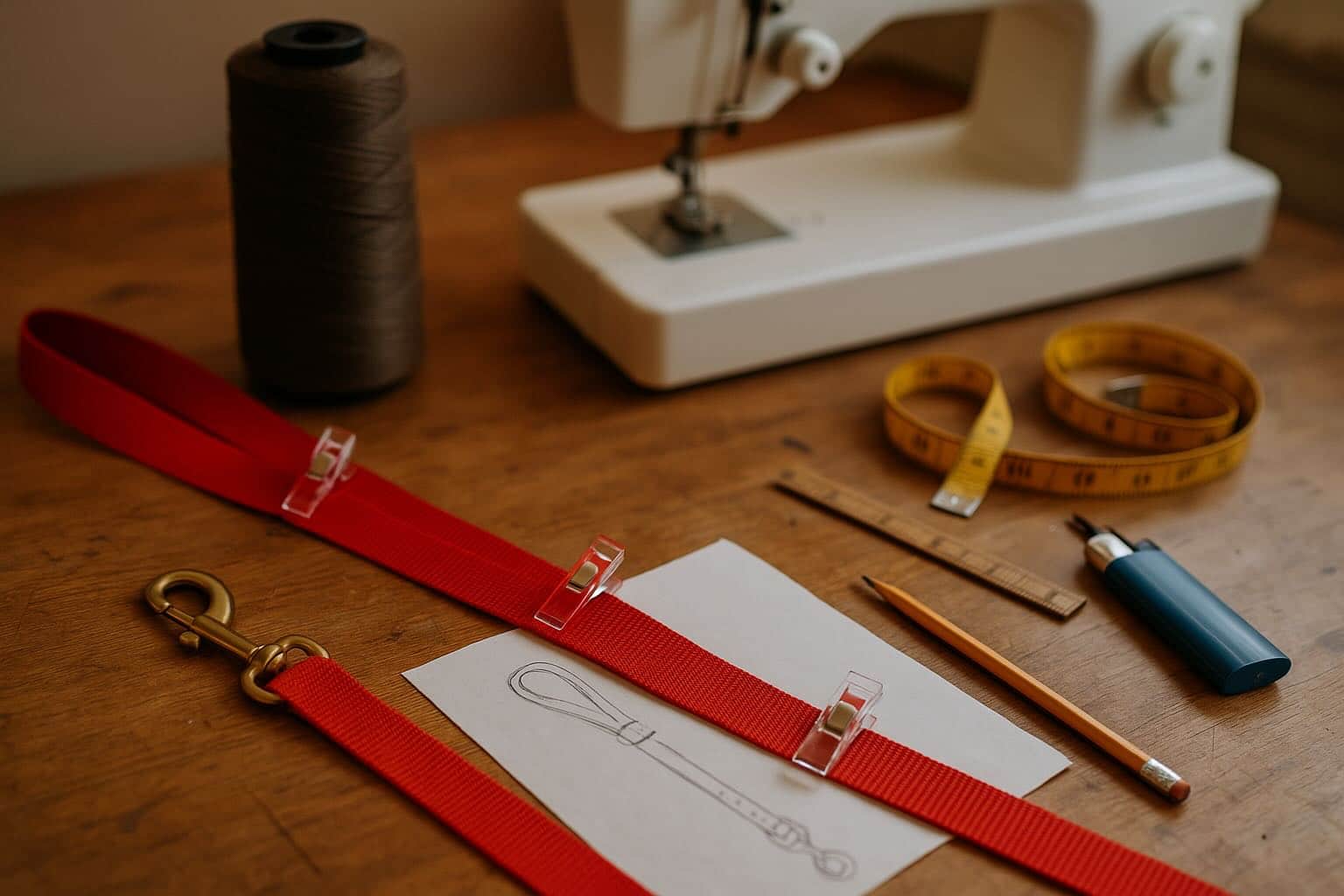 DIY sewing workspace with nylon webbing, snap hook, heavy-duty thread, and sewing machine ready for a custom dog leash MYOG project.