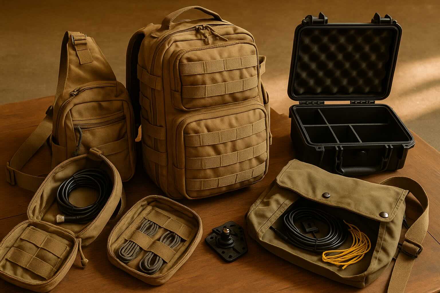 A pile of tactical backpacks, MOLLE pouches, and portable ham radio gear bags arranged for evaluation, showing the search for the ideal field activation setup.