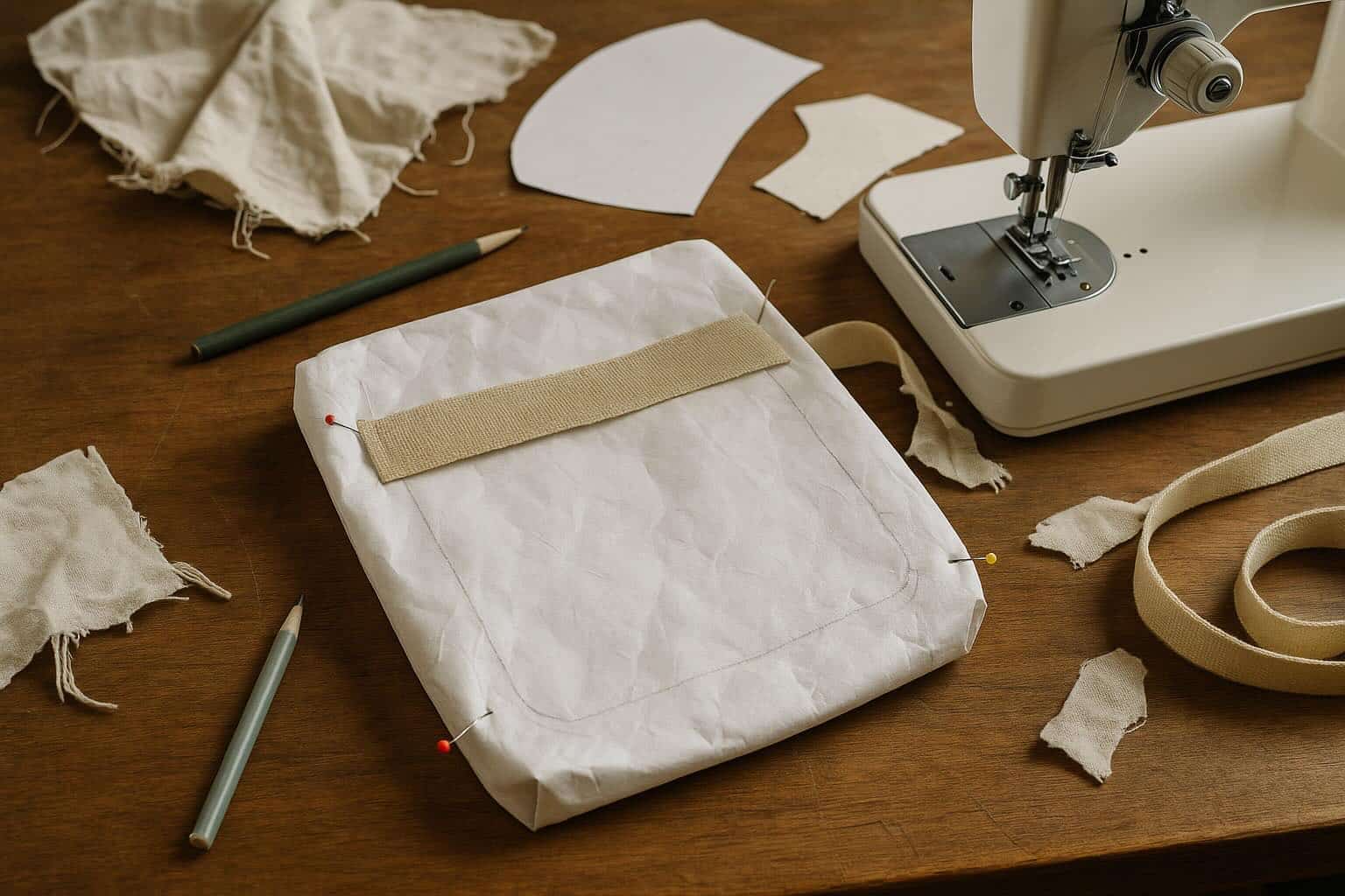 A sewing workspace with Tyvek, muslin, and paper patterns in progress near a vintage sewing machine, illustrating the productive prototyping process.