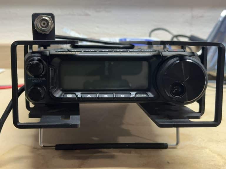 FT-891 with custom kickstand deployed showing improved screen visibility for POTA operations