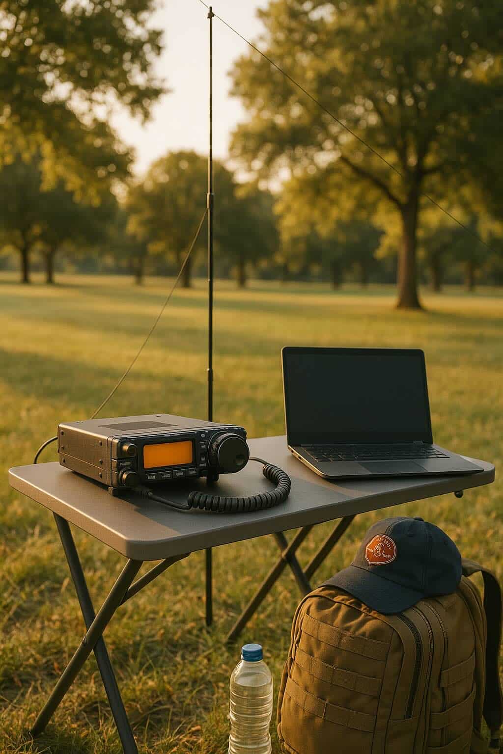 A portable ham radio station set up in a public park during a Parks on the Air activation. The scene includes a radio on a folding table, a wire antenna on a mast, and a go bag nearby — representing ham radio portable operations and field gear for POTA.