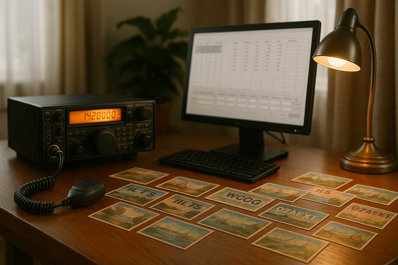 A well lit desk with a computer showing ham radio logging software with a ham radio transceiver and QSL cards scattered on the desk.