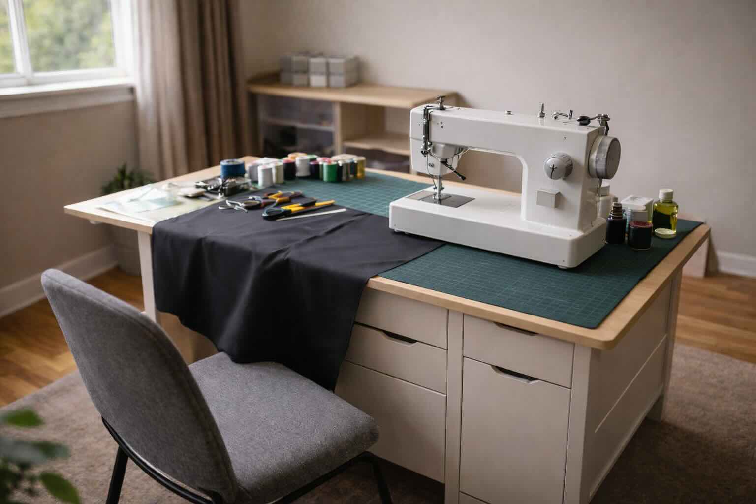 small MYOG workspace showing sewing table for small spaces with limited cutting area and compact sewing setup