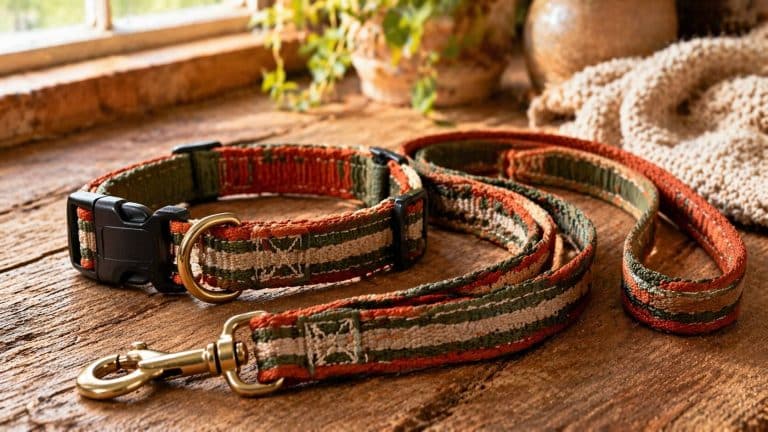 Handmade sewn nylon webbing dog collar and leash set on a rustic wood table with warm natural light, cozy MYOG pet gear workspace aesthetic.