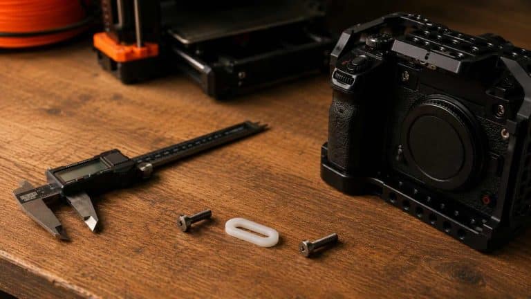 3D printed arca rail washer with oblong slot next to calipers and 1/4-20 screws on a maker's workbench — MYOG camera mount solution
